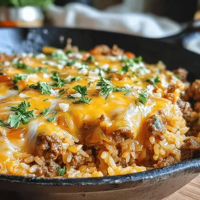 Sizzling Cheesy Beef and Rice Skillet